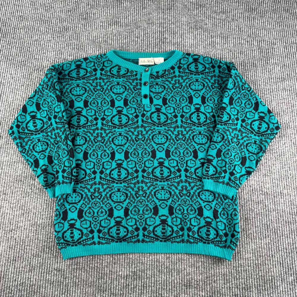 Vintage Andrew St. John Sweater Women Medium Teal Black Acrylic Clock Watch